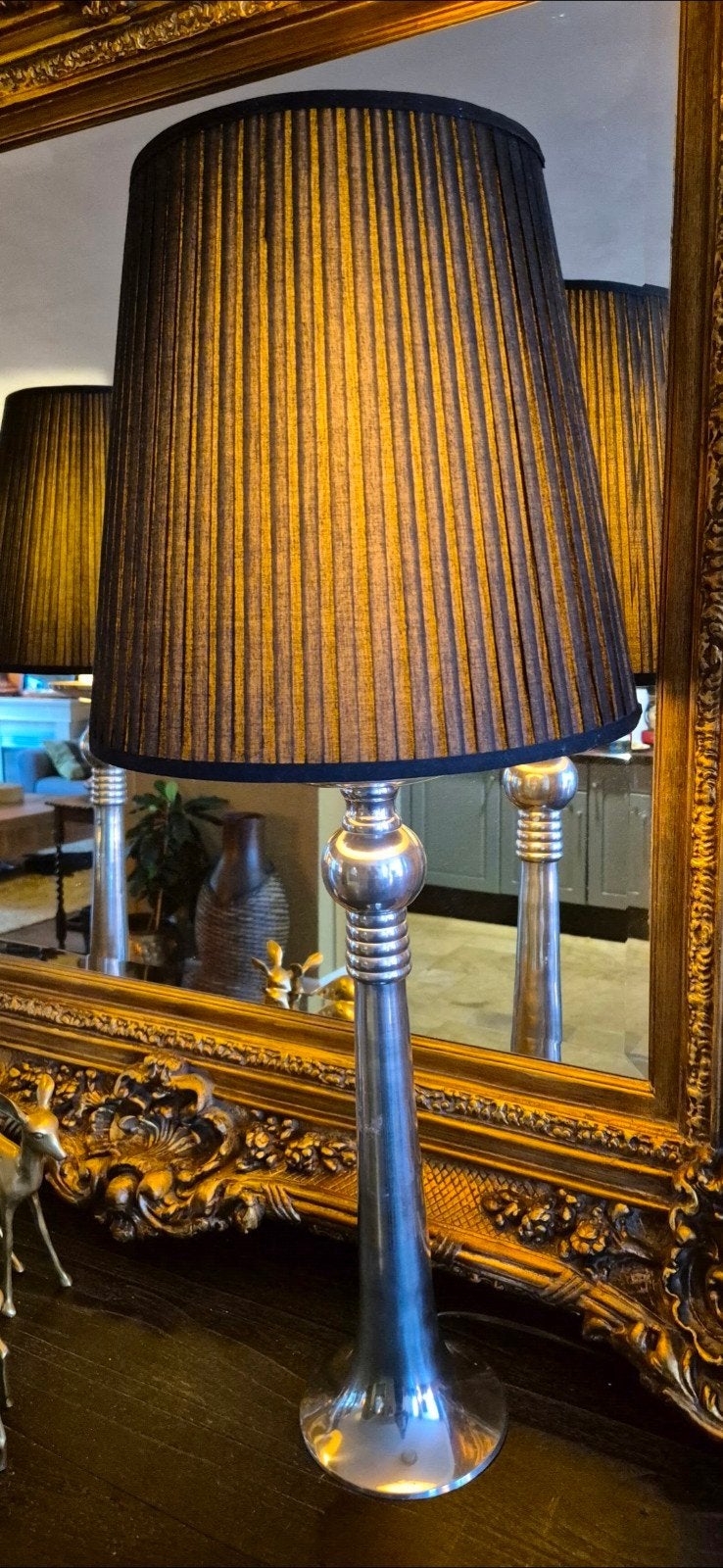 Set van 2 Vintage Tafellampen Zilver met Zwarte Kap 75cm, Huis en Inrichting, Vintage, Met kap, Ophalen of Verzenden, Schemerlamp