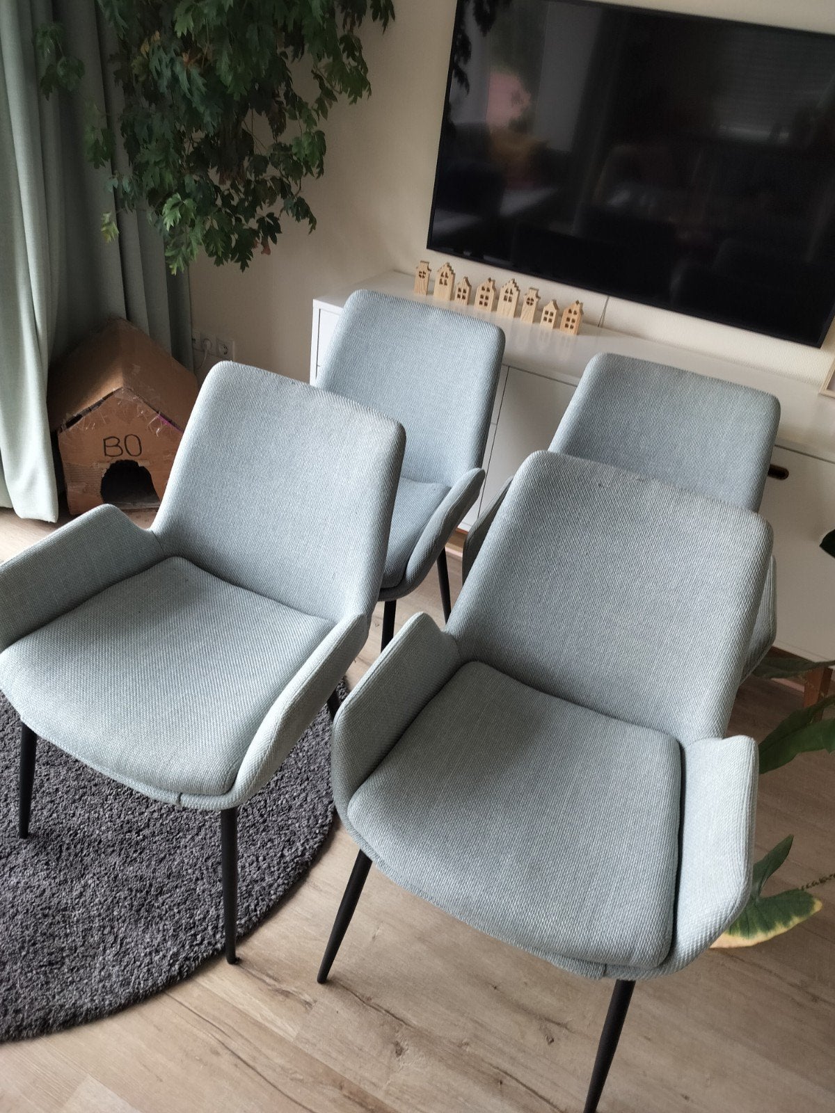 4 grijsblauwe kuipstoelen, Ophalen, Gebruikt, Grijs, Stof