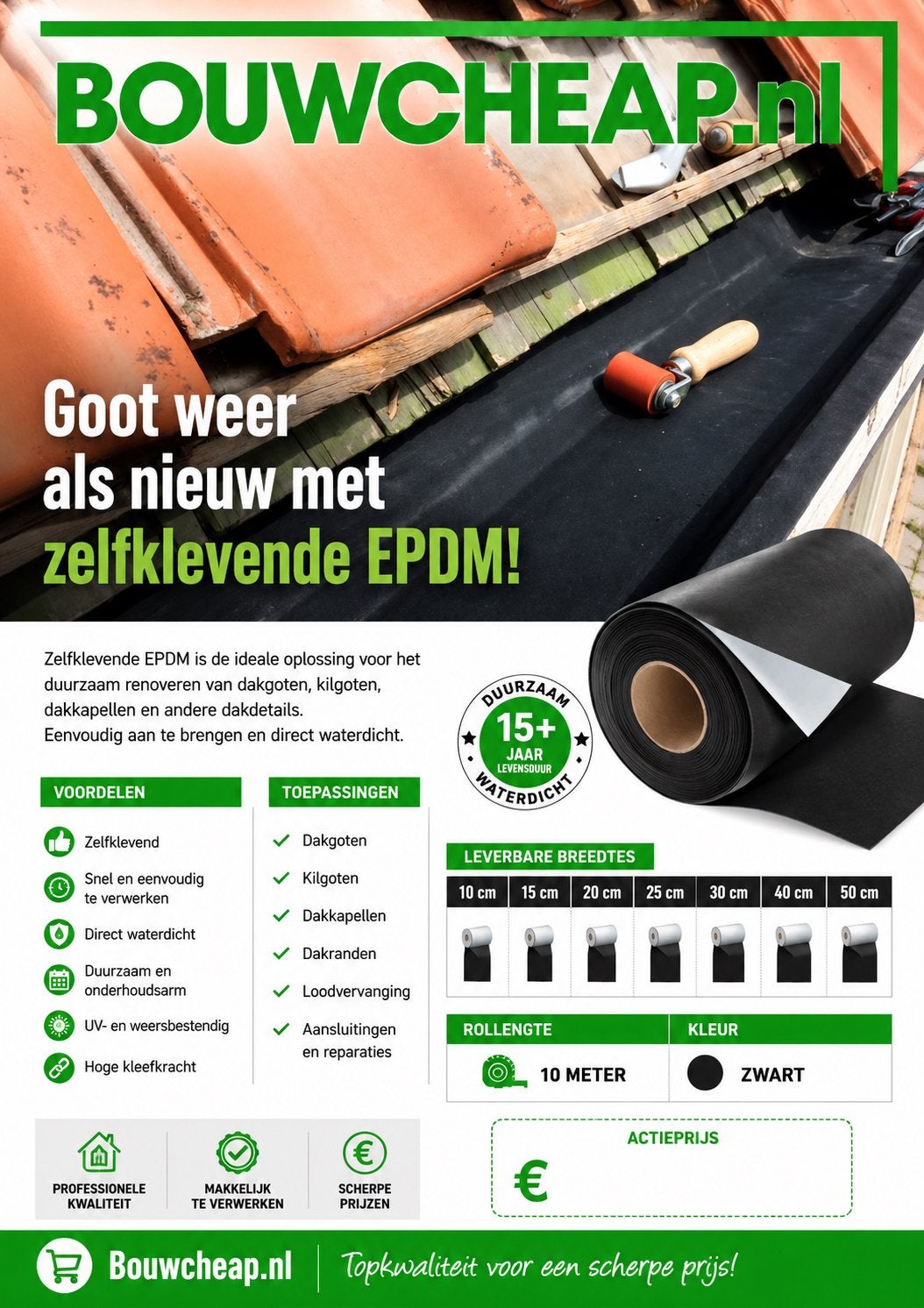 Lekkage aan goot nu snel opgelost, Doe-het-zelf en Verbouw, Dakpannen en Dakbedekking, Nieuw, Kunststof, Zwart, Ophalen of Verzenden