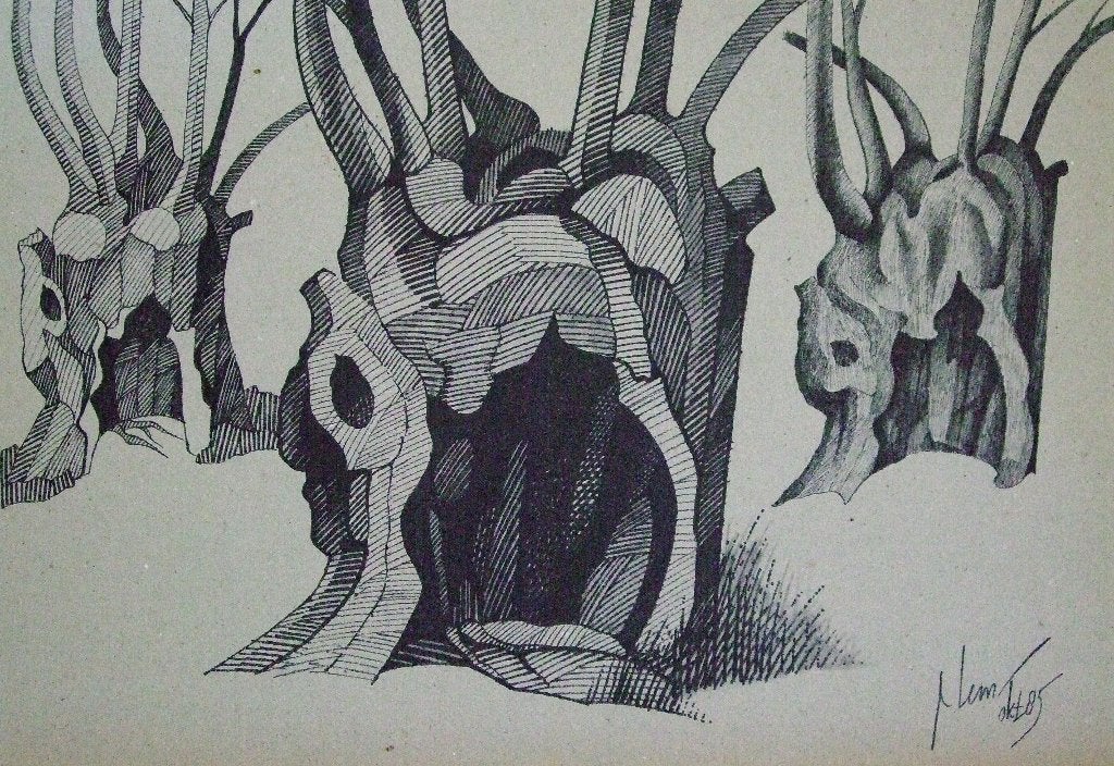 3 knotwilgen 1985, Ingelijst, Papier/karton, Overige technieken, Landschap