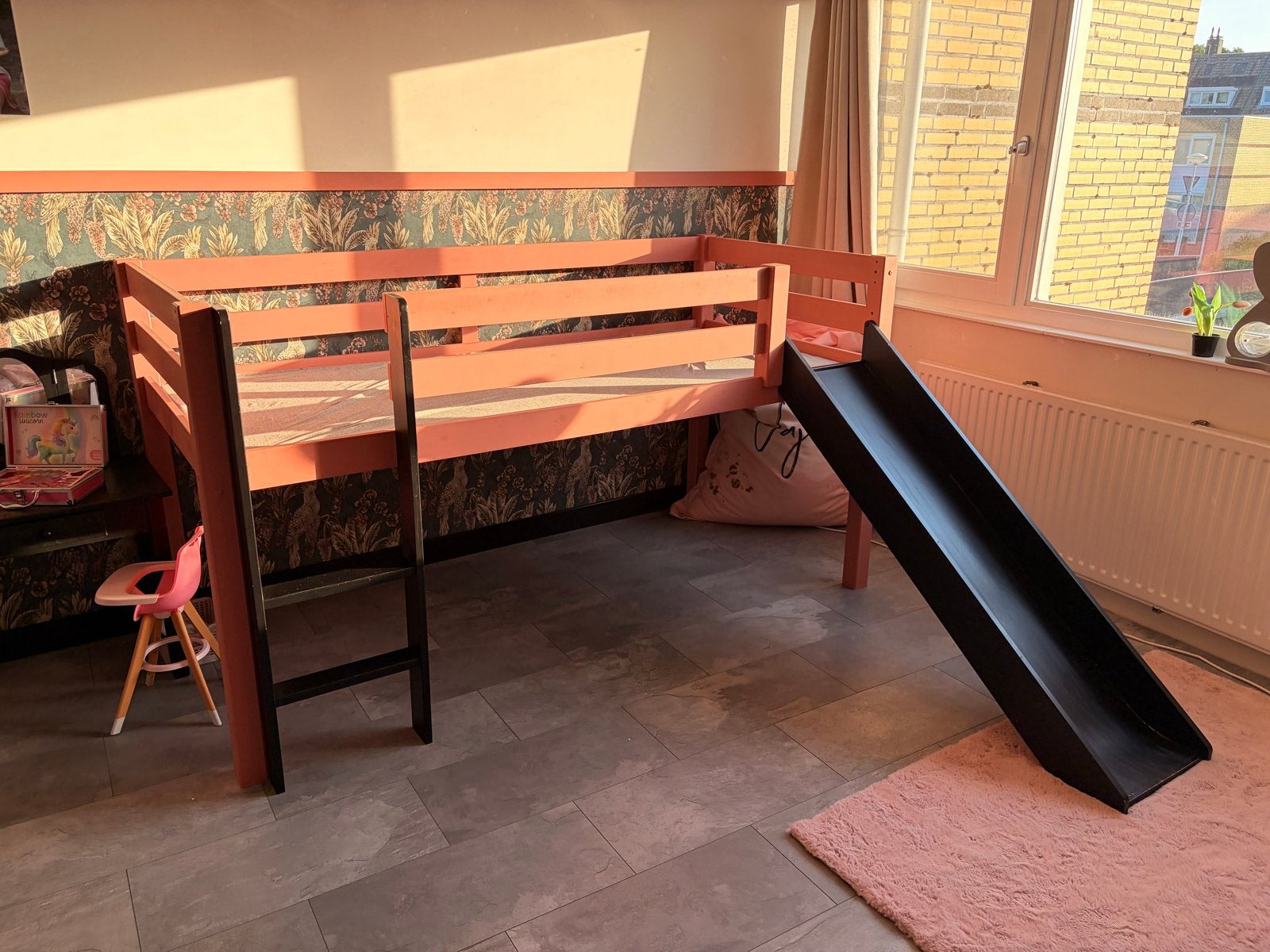 Halfhoogslaper met glijbaan en trapje, Ophalen, Gebruikt, 90 cm, Eenpersoons