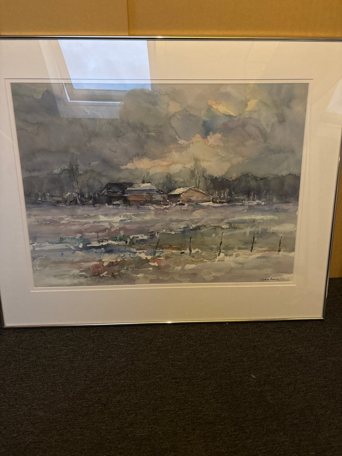 F. Manders: Aquarel Landschap met Boerderij en Sneeuw, Antiek en Kunst, Realistisch, Ophalen of Verzenden, Gesigneerd, Landschap