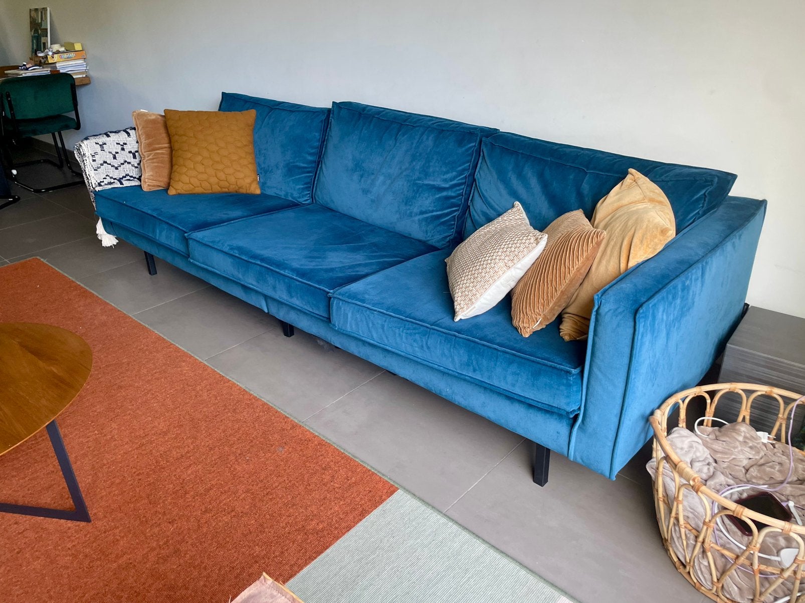 WOOOD Rodeo 3-zitsbank blauw velvet, Huis en Inrichting, Ophalen, 250 tot 300 cm, Gebruikt, Driepersoons