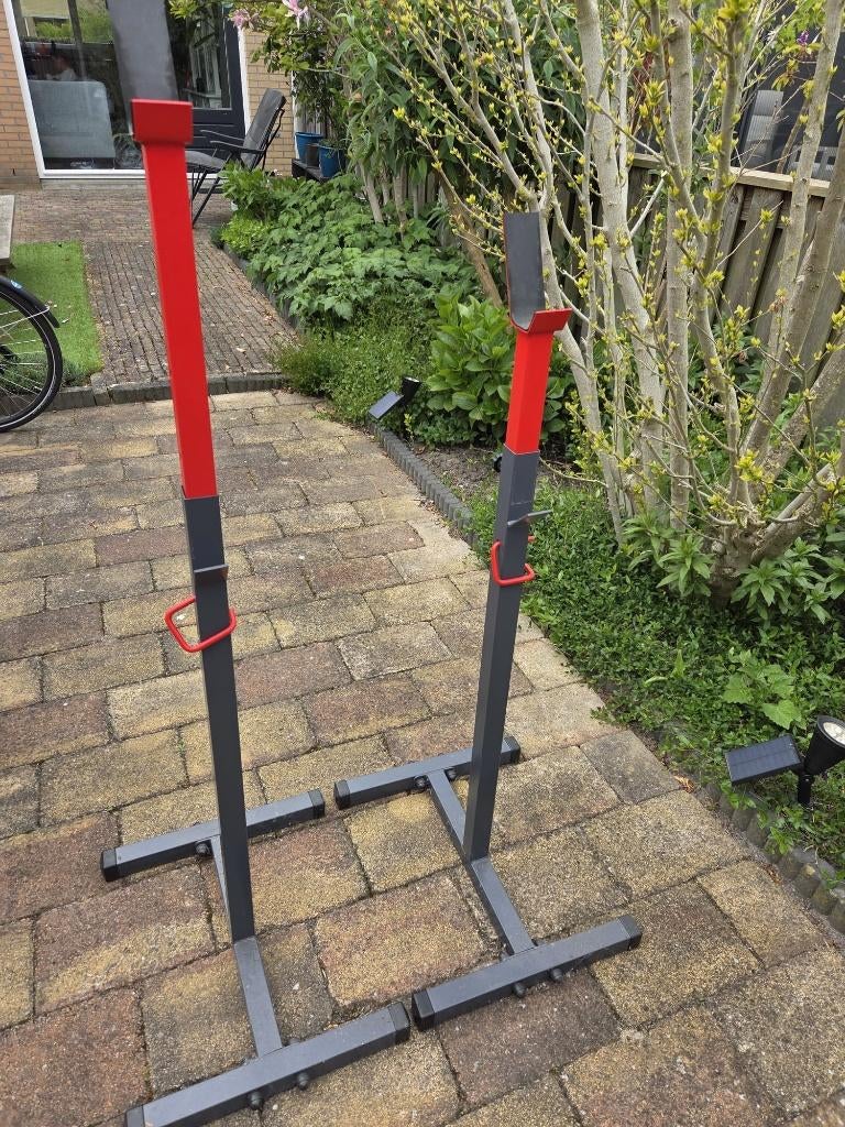 Halterstang houders / squat stands – verstelbaar – €20, Ophalen, Gebruikt, Rug, Halterstangen