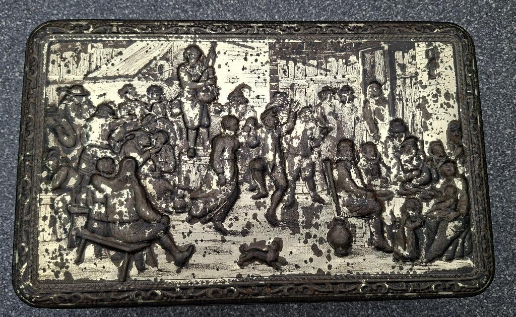 Vintage DBF belgium Teniers koekenblik, zeldzaam met slotje, Verzamelen, Blikken, Ophalen of Verzenden, Gebruikt, Koek(jes), Overige merken