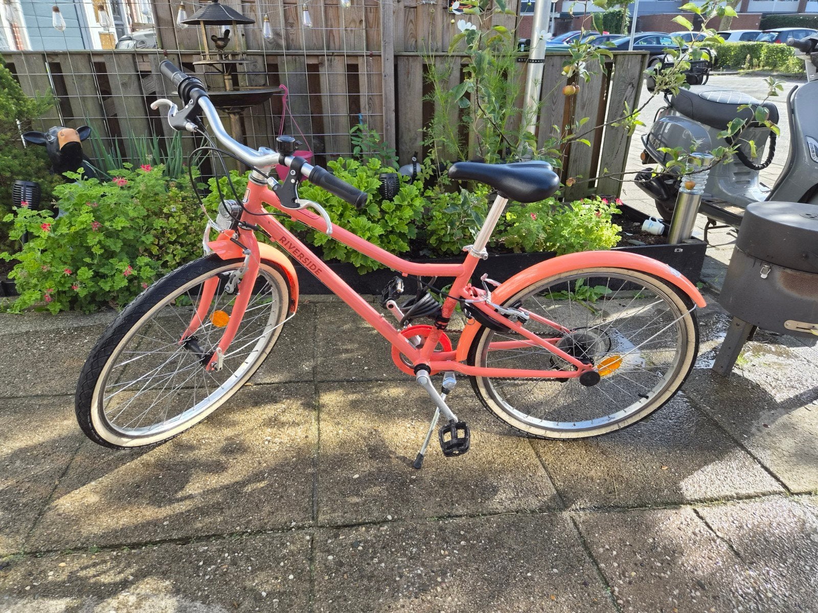 Riverside fiets in koraalkleur, Ophalen, Velgrem, Versnellingen, Riverside