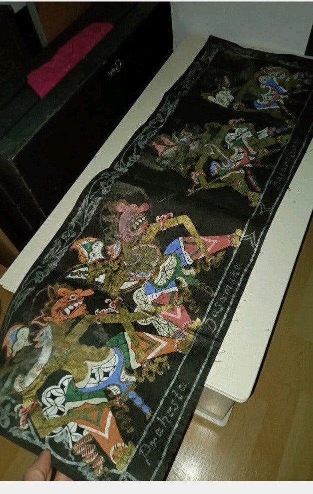 Antiek Indonesisch Wayang Kulit Schilderij op Doek, Antiek en Kunst, Kunst | Niet-Westerse kunst, Ophalen of Verzenden, Indonesië