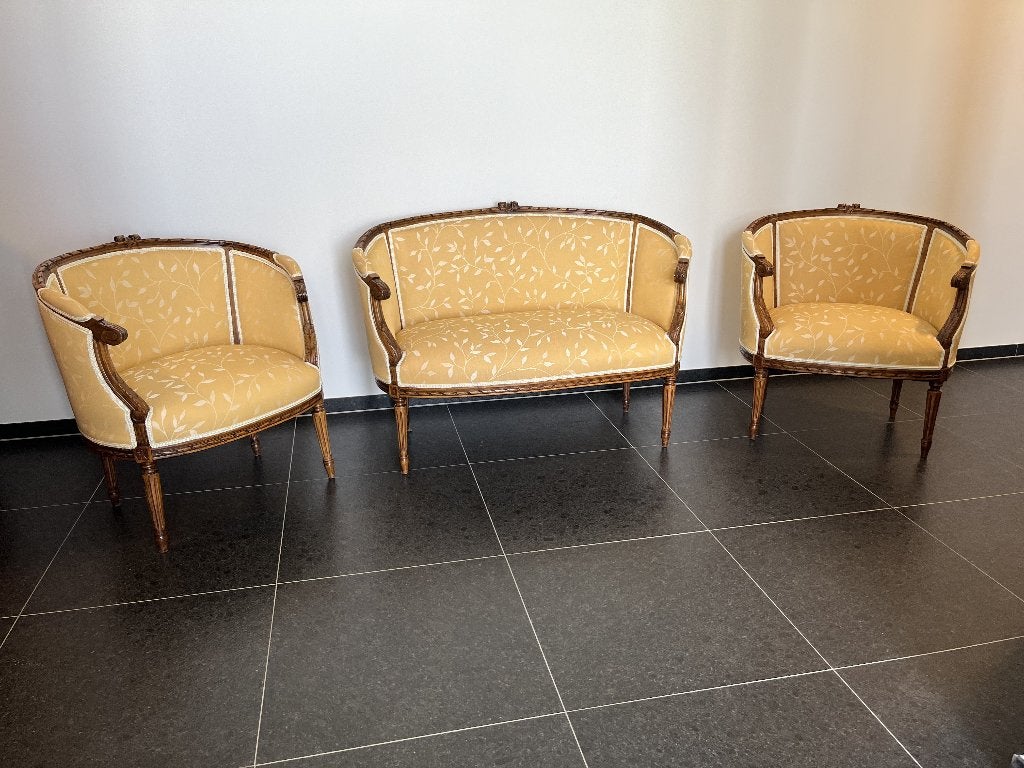 Louis XVI Revival salonset in notenhout, Antiek en Kunst, Antiek | Meubels | Stoelen en Banken, Ophalen
