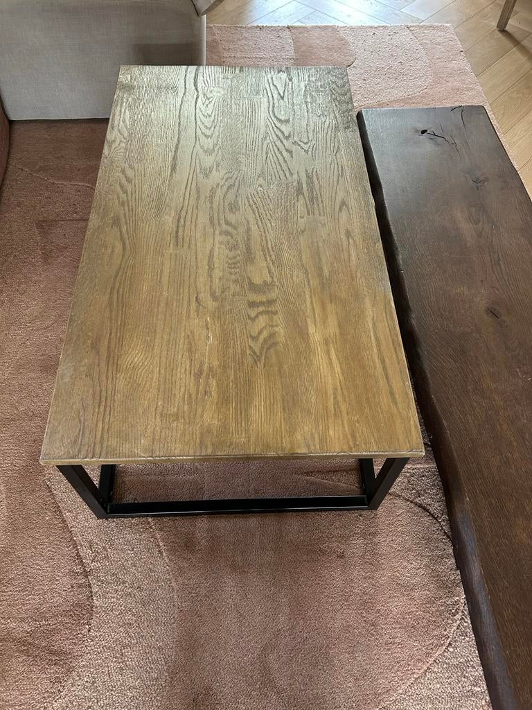 Salontafel eikenhout met metalen onderstel 110x60x33, Ophalen, Gebruikt, 100 tot 150 cm, Eikenhout