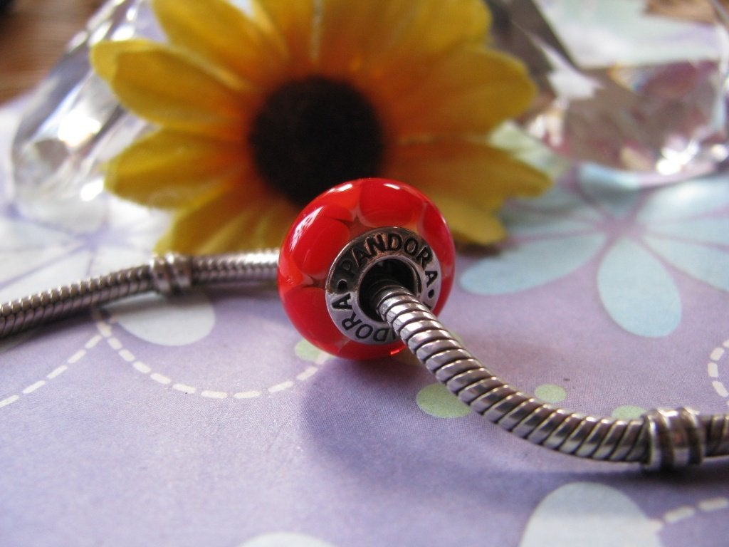 Pandora GLAS / MURANO bedel 790639 = ROOD-ORANJE kleuren, Glas of Kristal, Pandora, Ophalen of Verzenden, Zo goed als nieuw