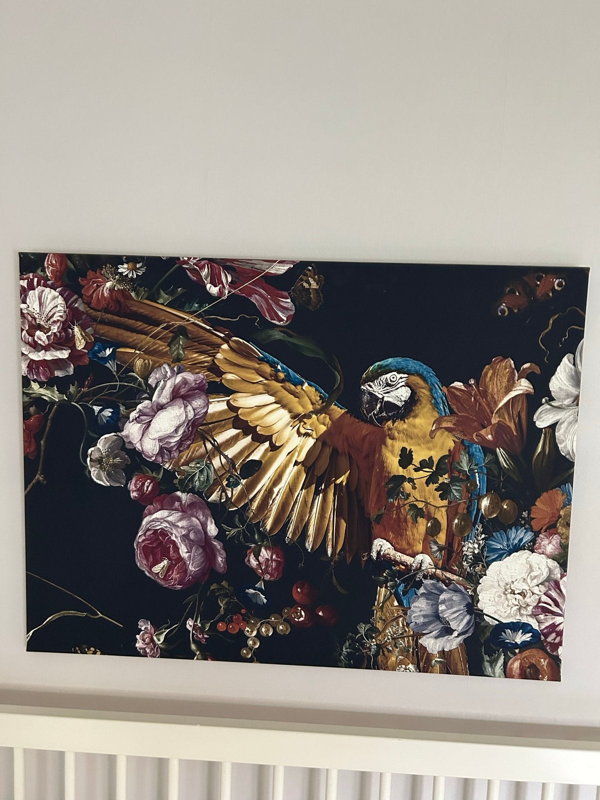 Mooi canvas doek met papegaai en bloemen, Ophalen, 50 – 75, Gebruikt, Print