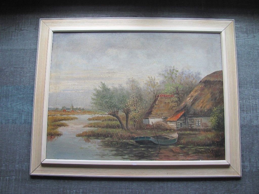 Groot olieverfschilderij - poldergezicht met boerderij kerk, Ophalen, Doek, Landschap, Olieverf
