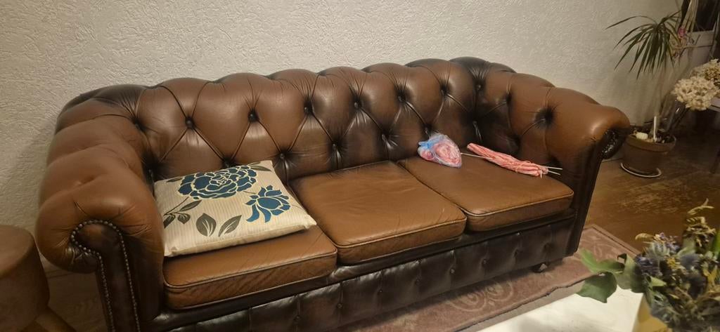 Echte chesterfield bank (op wieltjes), Ophalen, Gebruikt, 200 tot 250 cm, Leer