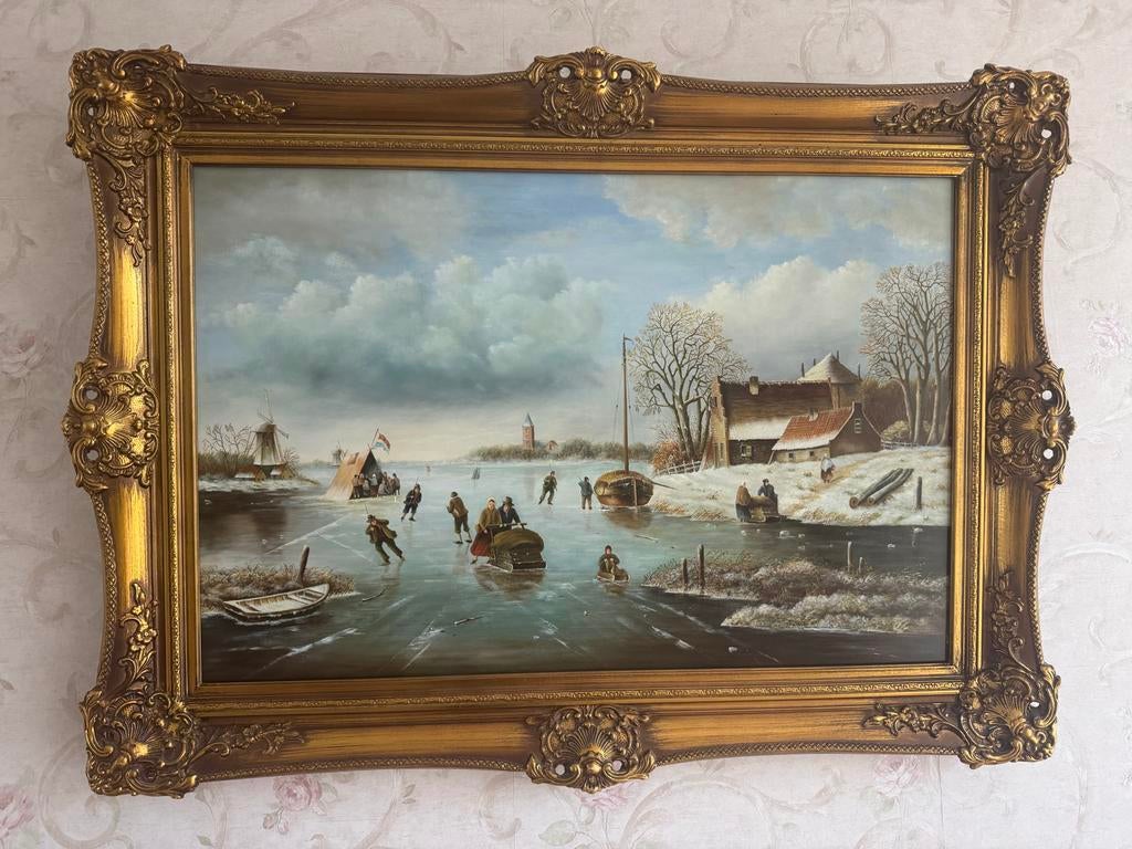 Oud Hollands Winterlandschap Schilderij met Gouden Lijst, Antiek en Kunst, Kunst | Schilderijen | Klassiek, Ophalen