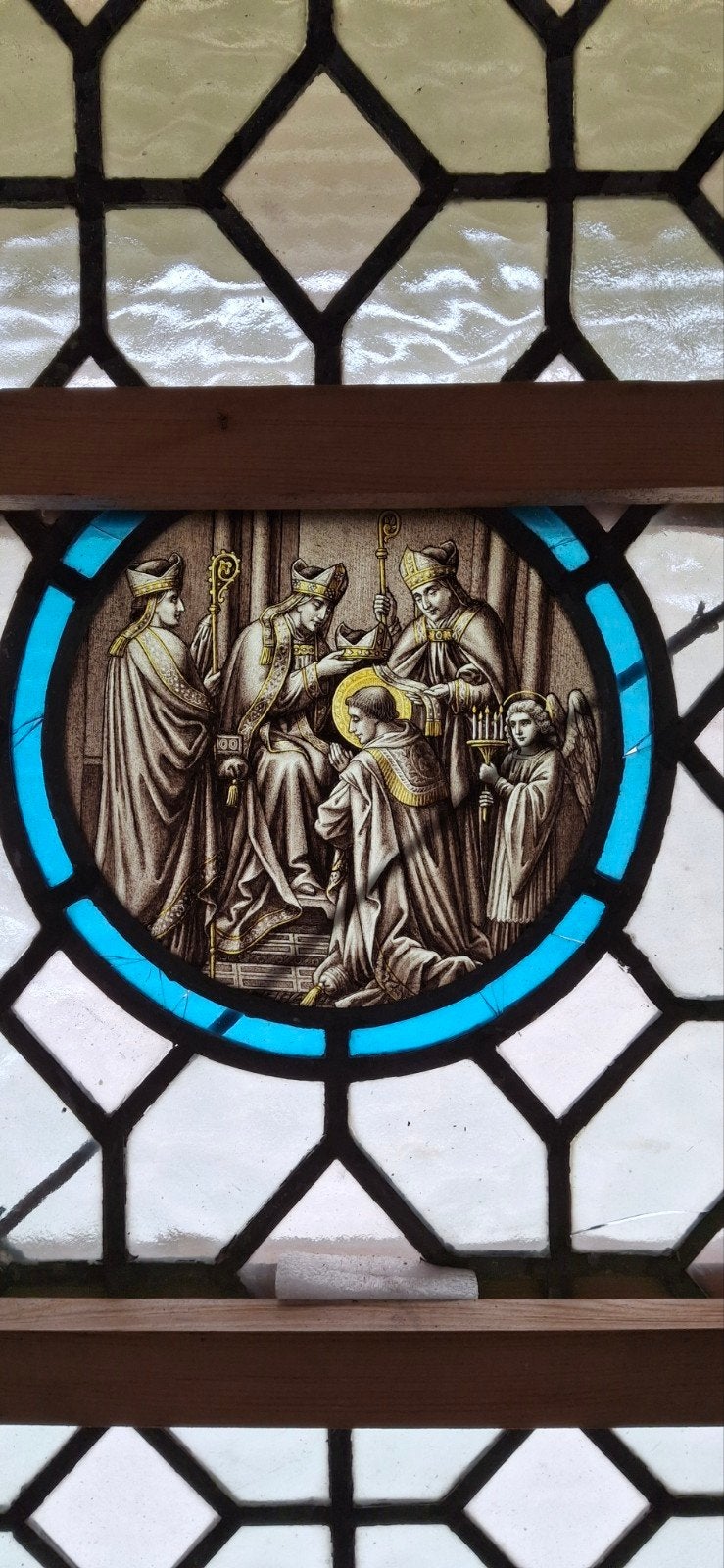 Glas in lood ruit Bisschopswijding kerkraam Norbertus van Ge, Antiek en Kunst, Ophalen