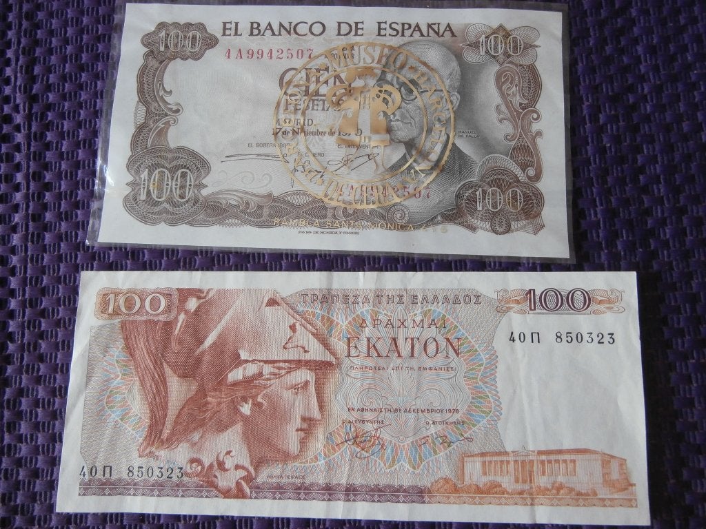 bankbiljet Spanje cien peseta Griekenland 100 drachmei geld, Ophalen of Verzenden, 25 gulden, Los biljet