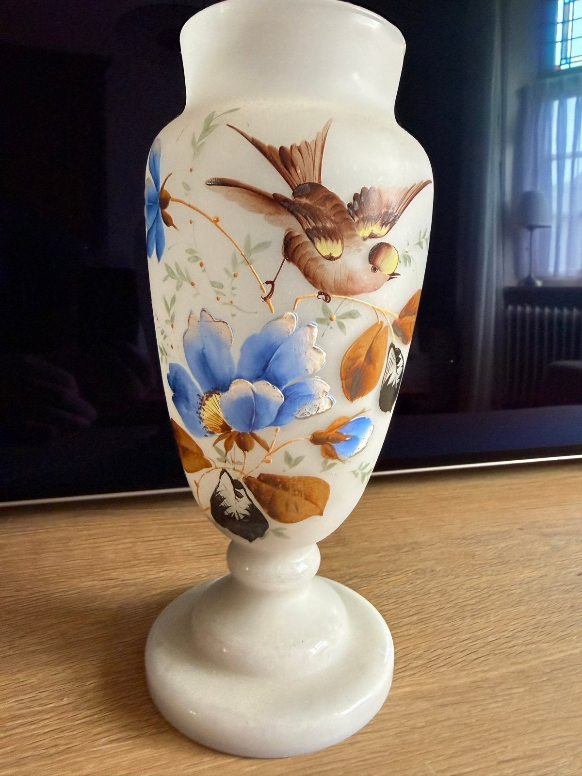Set van 2 handbeschilderde glazen vazen met vogelmotief, Ophalen