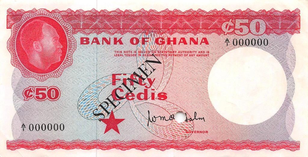 Ghana 50 Cedis 1965 Unc Specimen pn 8S, Ophalen of Verzenden, Overige landen, Los biljet
