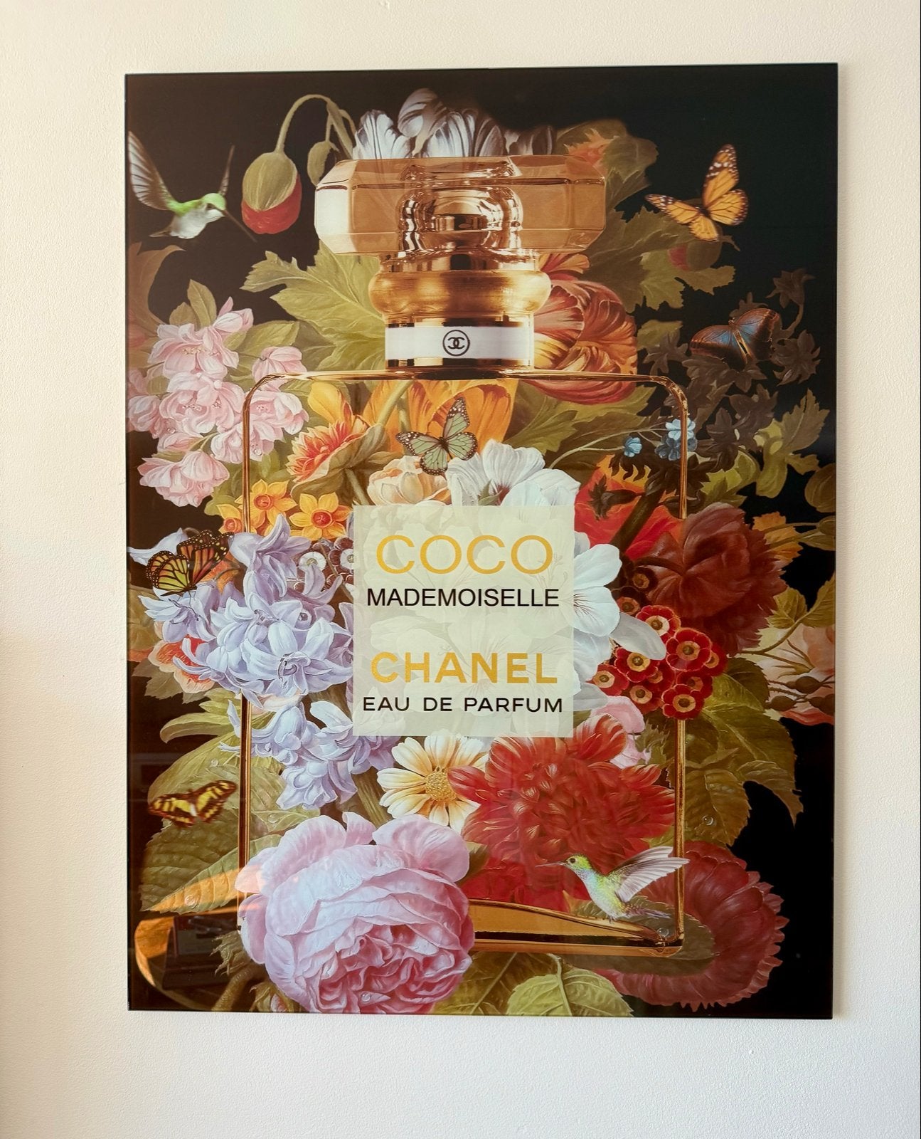 Luxe Glasschilderij Coco Mademoiselle Chanel Bloemdesign, Antiek en Kunst, Glas, Achter glas, Ophalen of Verzenden, Print