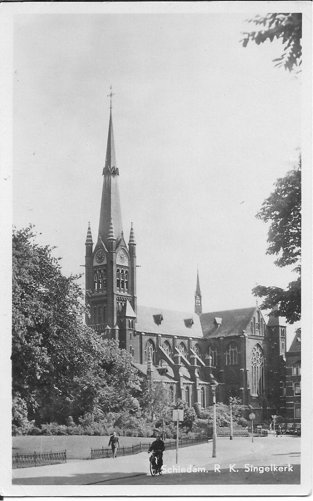 Oude ansichtkaart Schiedam, R.K. Singelkerk (1953), Ophalen of Verzenden, 1940 tot 1960, Gelopen, Zuid-Holland
