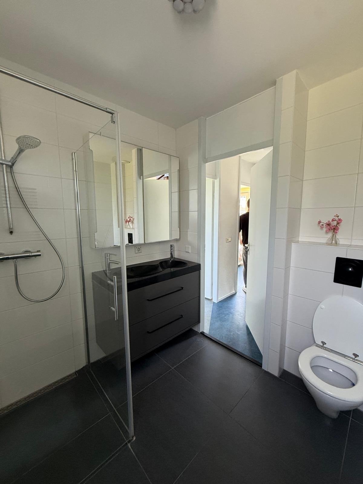 Moderne badkamer met douche, toilet en wastafel, Ophalen, Zo goed als nieuw, Met douche