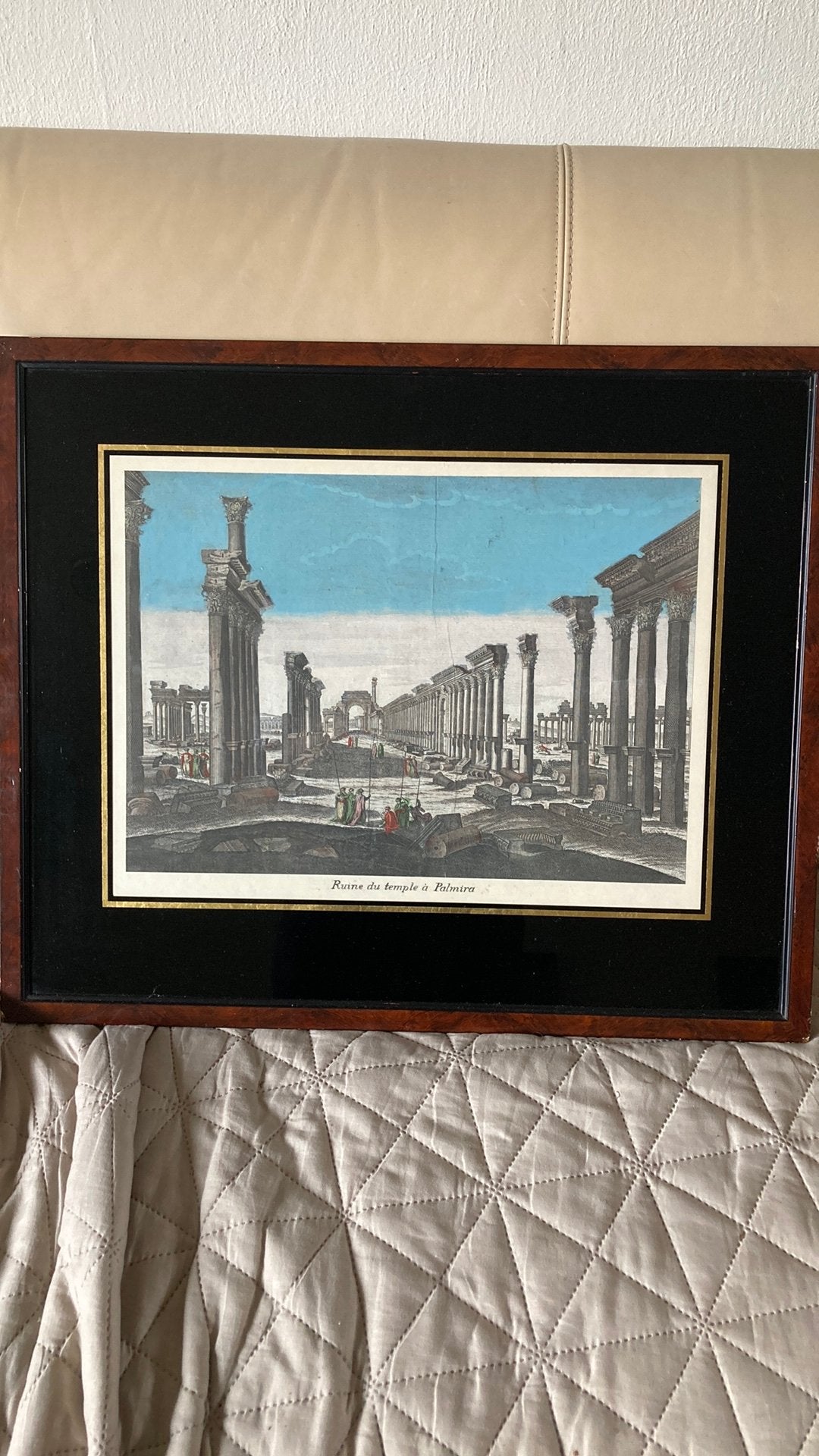 Ingekleurde gravure “Ruïne du temple a Palmira”. 55x46/40x30, Antiek en Kunst, Kunst | Etsen en Gravures, Gravure, Handgekleurd