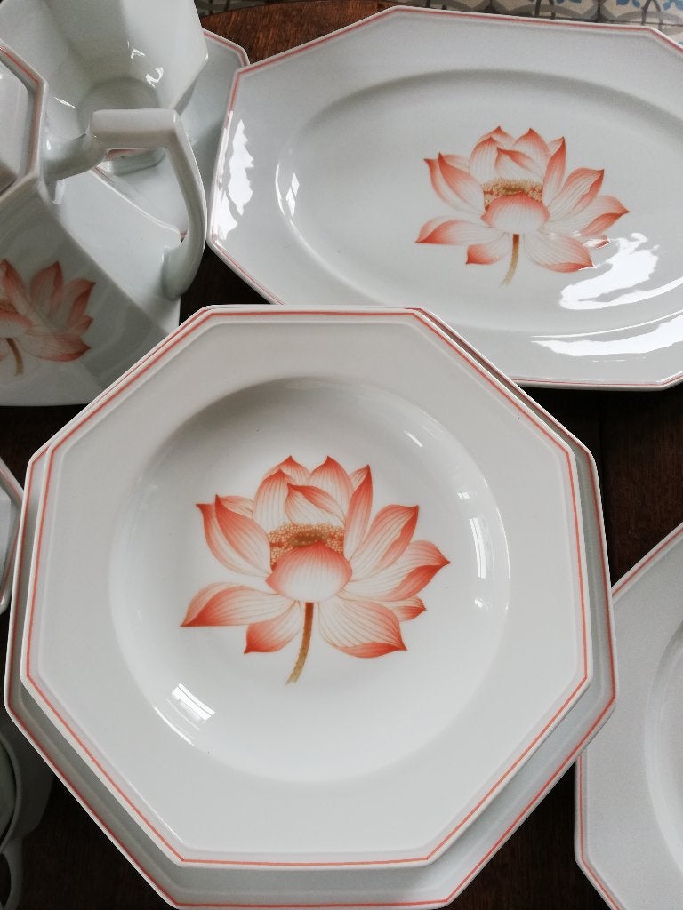 9 pers Limoges eet- en koffieservies oranje pioenroos, Ophalen, Zo goed als nieuw, Overige stijlen, Porselein