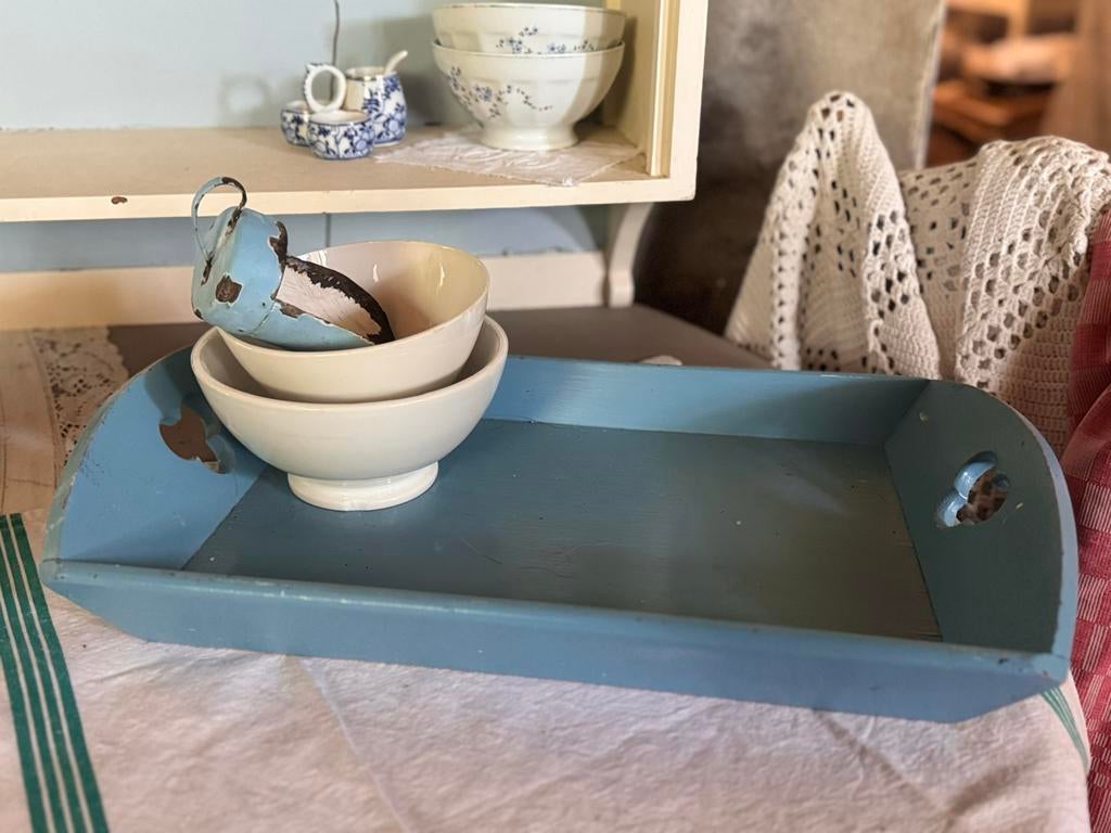 Brocante mangelbak / dienblad in Frans blauw, Ophalen of Verzenden