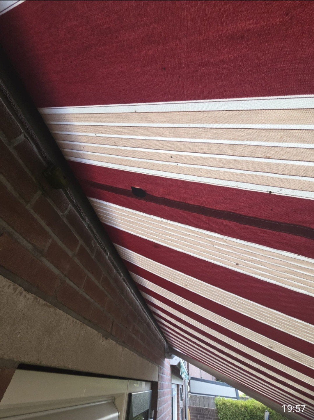 Knikarmscherm - Rood/Wit gestreept zonnescherm, Ophalen, Gebruikt, 450 cm of meer, 150 tot 300 cm