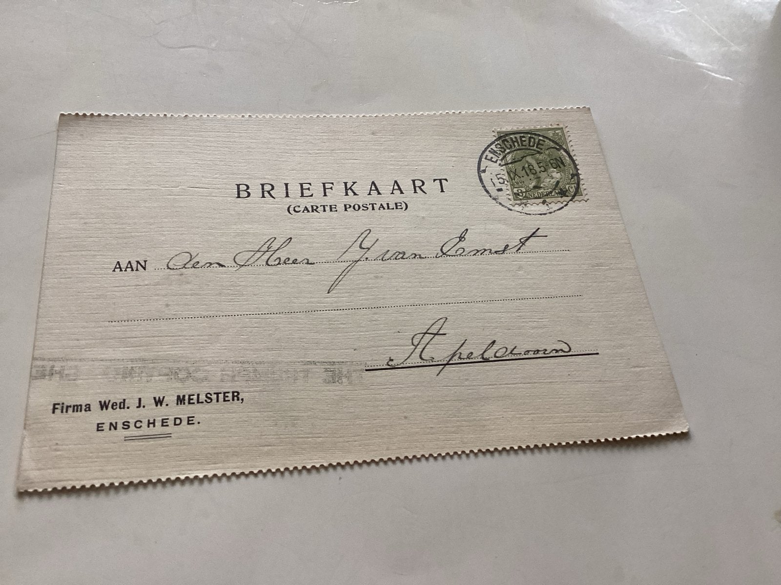 Enschede 1918 - Firma Wed. J.W. Melster, Ophalen of Verzenden, Voor 1920, Gelopen, Overijssel