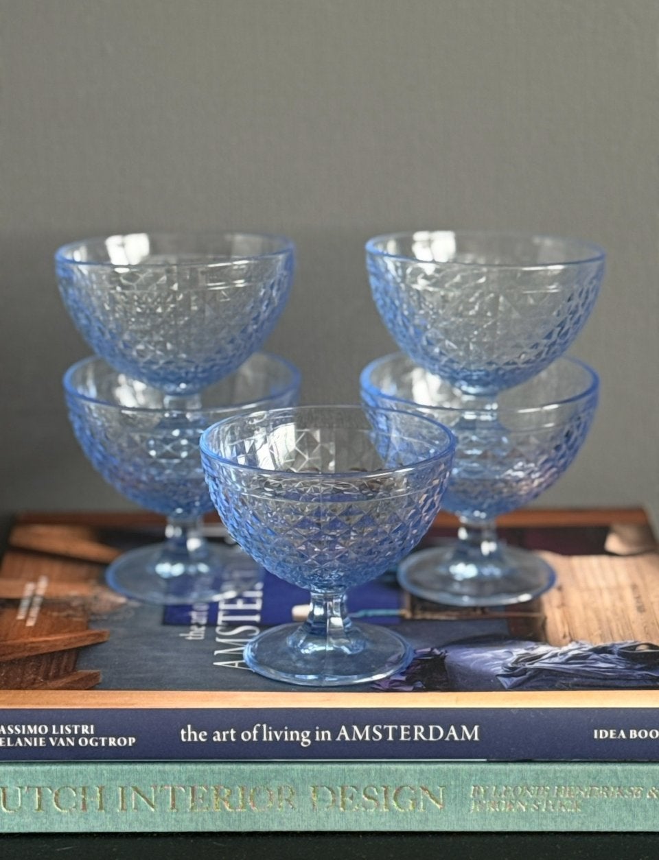 Set van 5 IKEA vintage coupes waterglazen blauw, Ophalen of Verzenden, Zo goed als nieuw, Overige typen