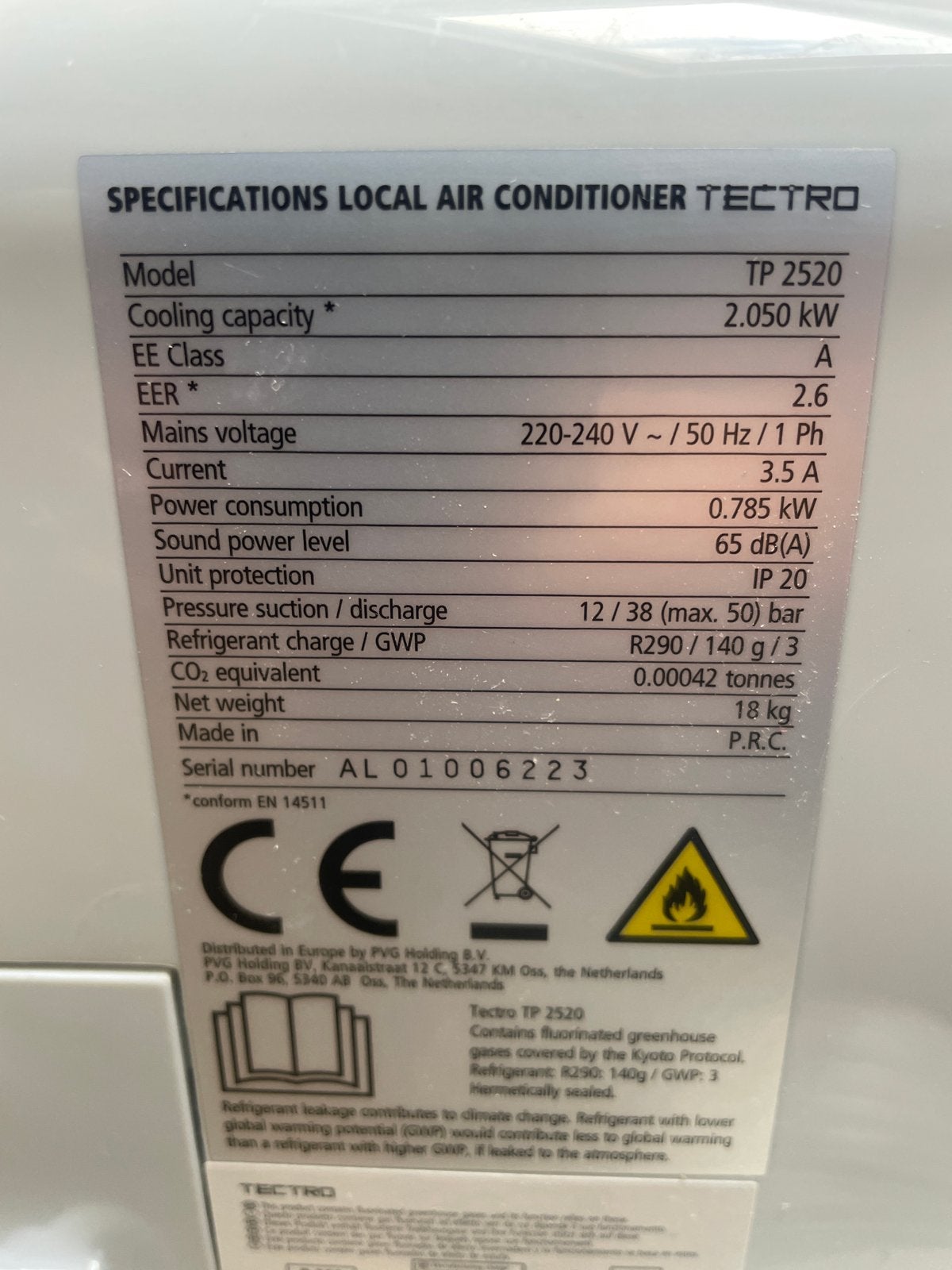 Tectro TP 2520 Mobiele Airco - Koelen en Ontvochtigen, Verzenden, Minder dan 60 m³, 3 snelheden of meer, Zo goed als nieuw