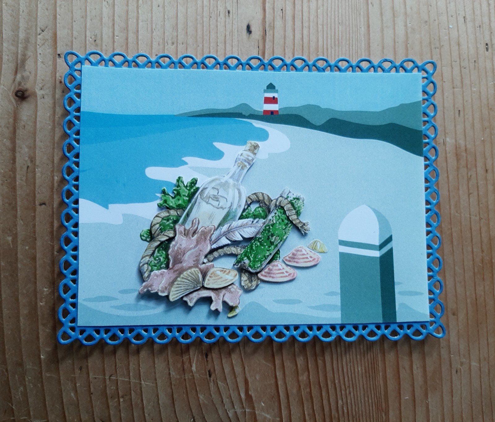 Stans kaart opleg met 3d plaatje strand met wier flessenpost, Ophalen of Verzenden, Nieuw, Overige thema's