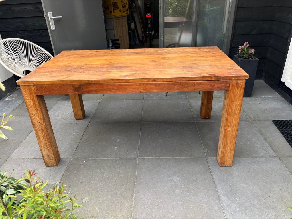 Stoere robuuste massief teak houten eettafel 90x160 cm, Huis en Inrichting, Tafels | Eettafels, Ophalen, Teakhout, 50 tot 100 cm
