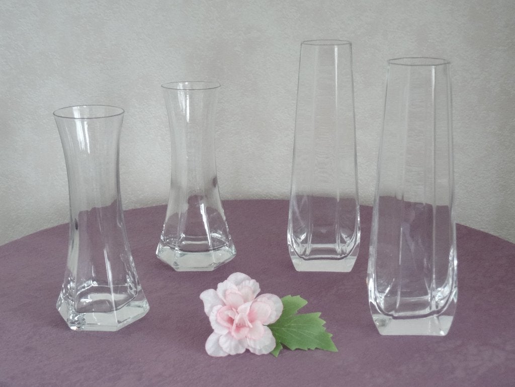 4 vintage jaren80 glazen vaasjes, 2x 6-hoekig en 2x 8-hoekig, Huis en Inrichting, Woonaccessoires | Vazen, Ophalen of Verzenden