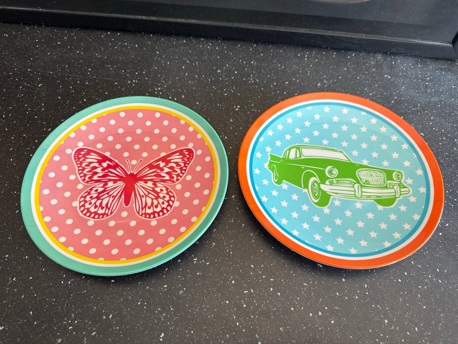 2 melamine ontbijtbordjes HEMA - Vrolijk design, Hema, Kunststof, Gebruikt, Ophalen of Verzenden