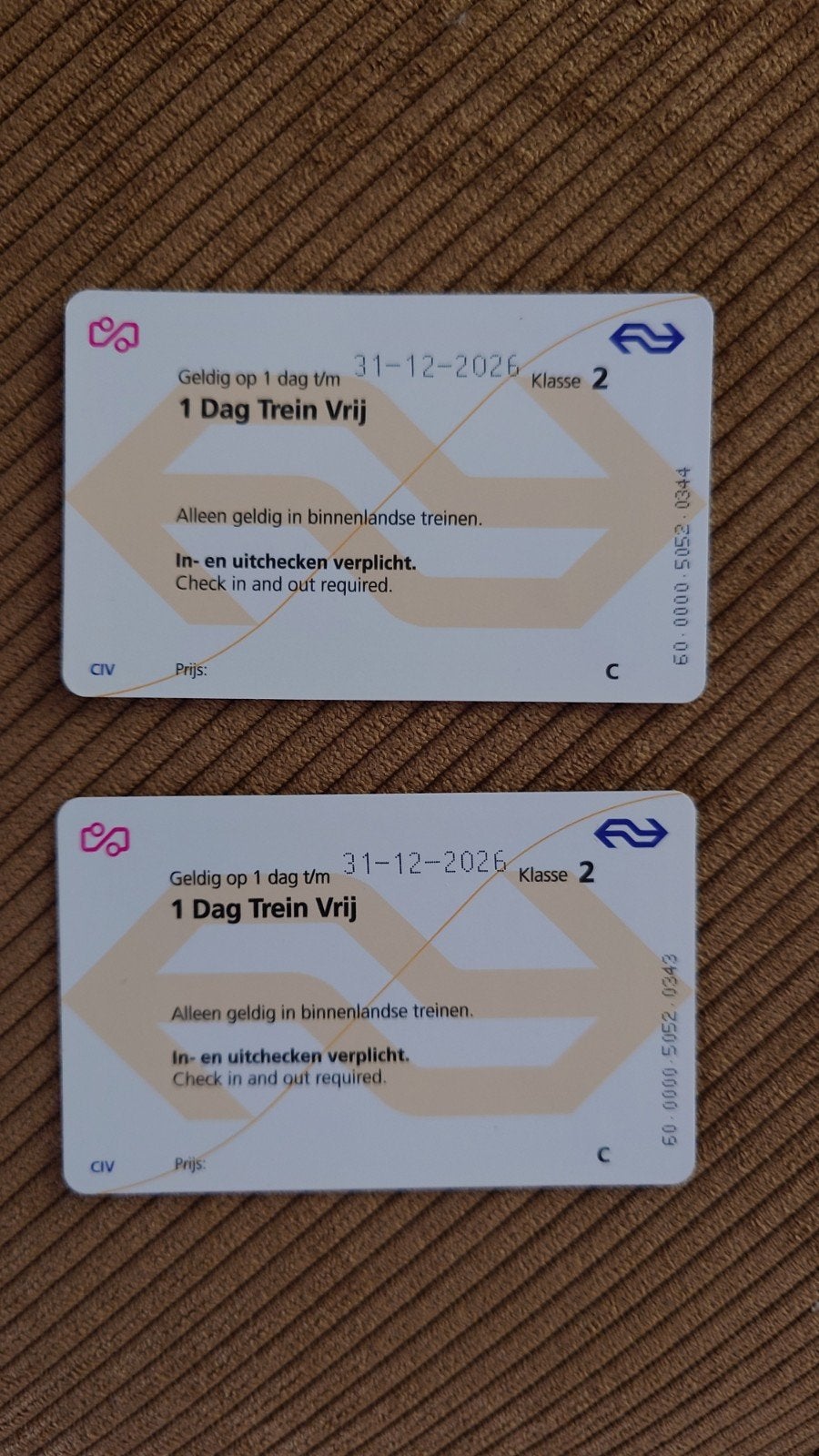 Te koop. 2 NS dagkaarten Trein vrij, Tickets en Kaartjes, Eén persoon, Trein, Nederland, Algemeen kaartje