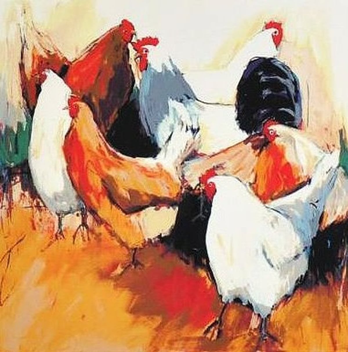 Gerda Elfring, ‘kippen’, zeefdruk met mooie lijst, Ophalen, Gelimiteerde oplage, Papier/karton, Zeefdruk