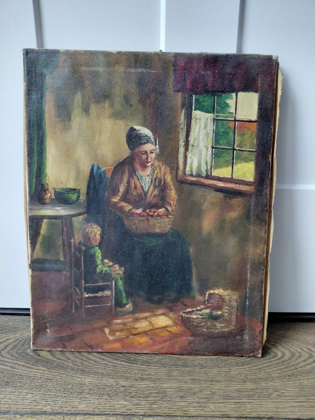 Olieverfschilderij: Moeder met kinderen in interieur, Ophalen of Verzenden