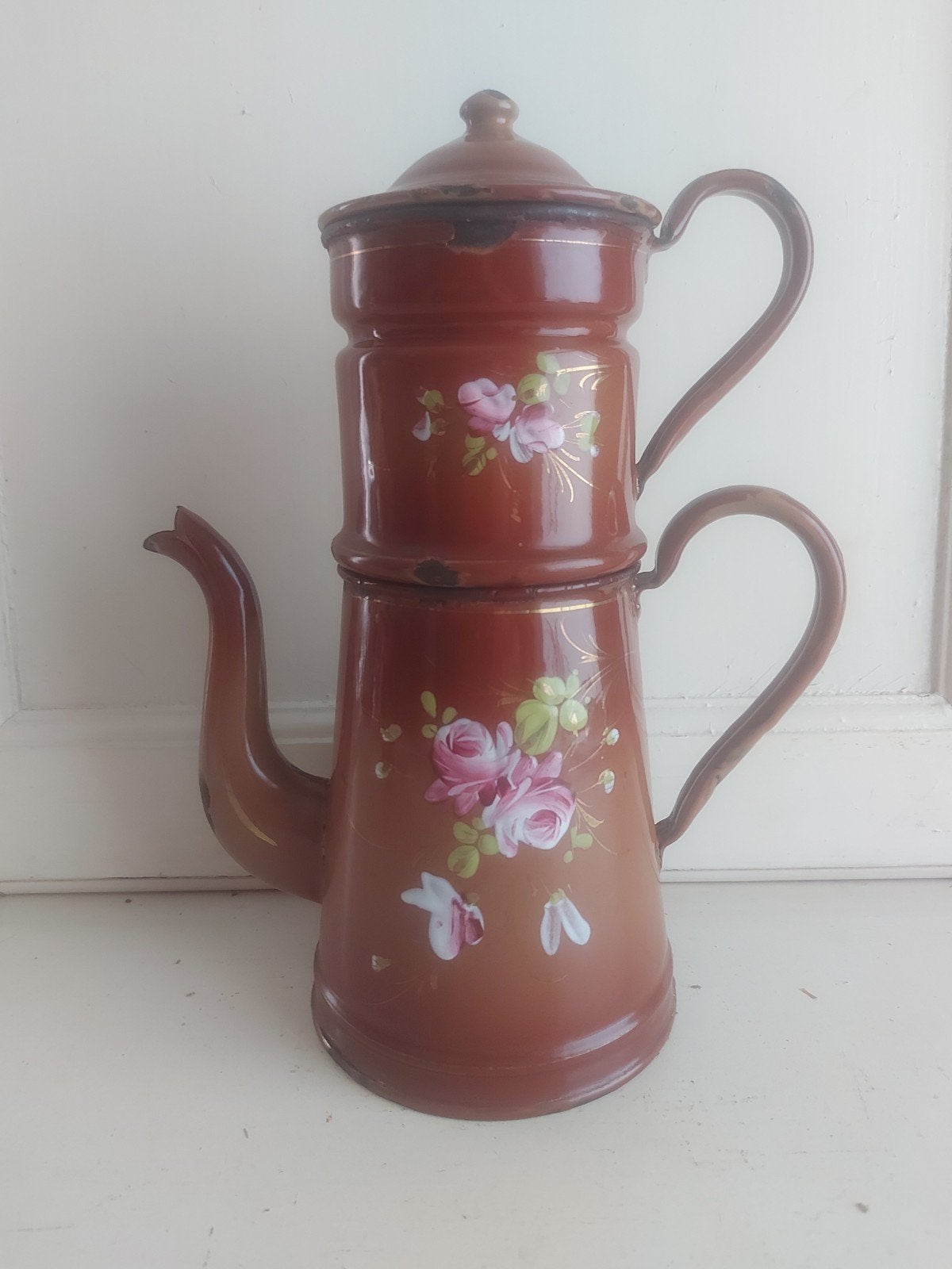 Antieke emaille cafetière met dik opgelegde bloemen, Ophalen of Verzenden