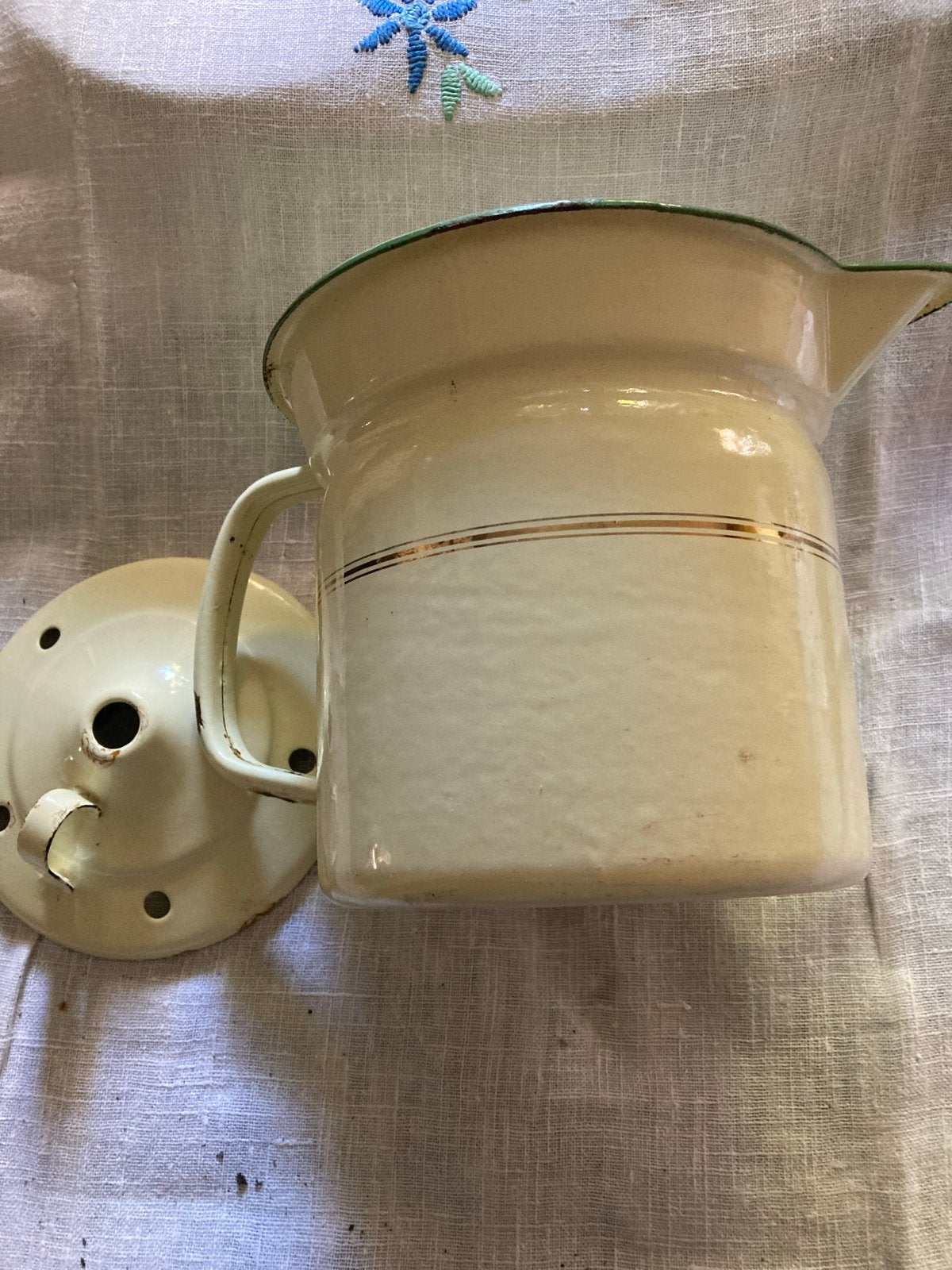 Vintage Emaille Melkkoker met Deksel - Crème/Groen, Ophalen