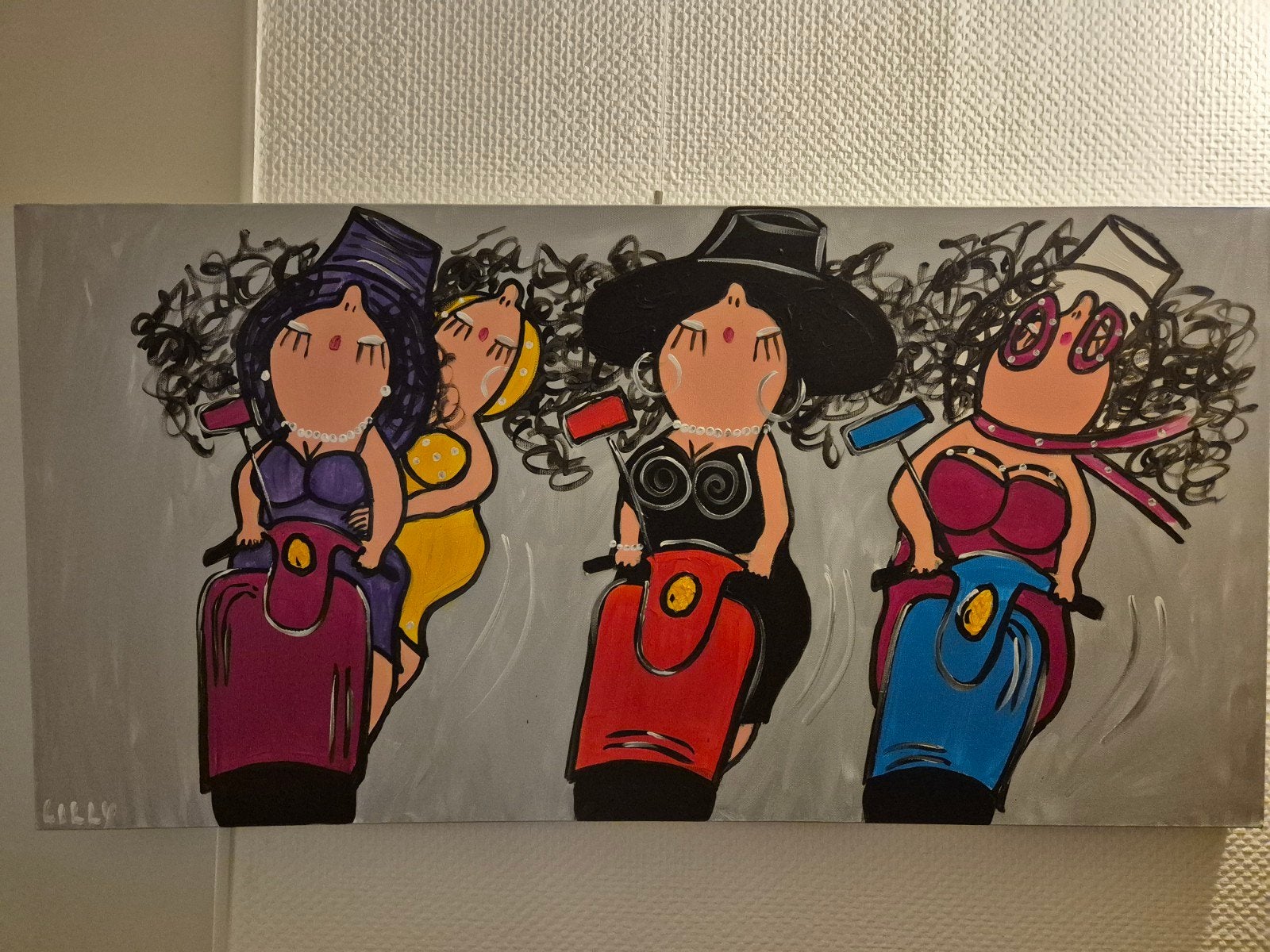 Origineel schilderij 'Vriendinnen op de scooter' van Lilly, Ophalen, Op houten frame, Textiel, Figuren