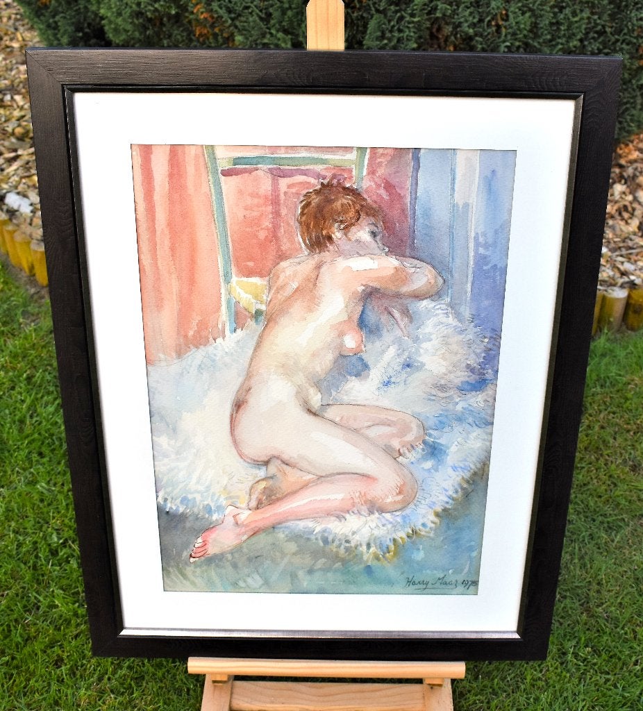 Harry Maas, aquarel,dame op kleed leunend op stoel., Ophalen, Portret of Personen, Papier, Origineel werk