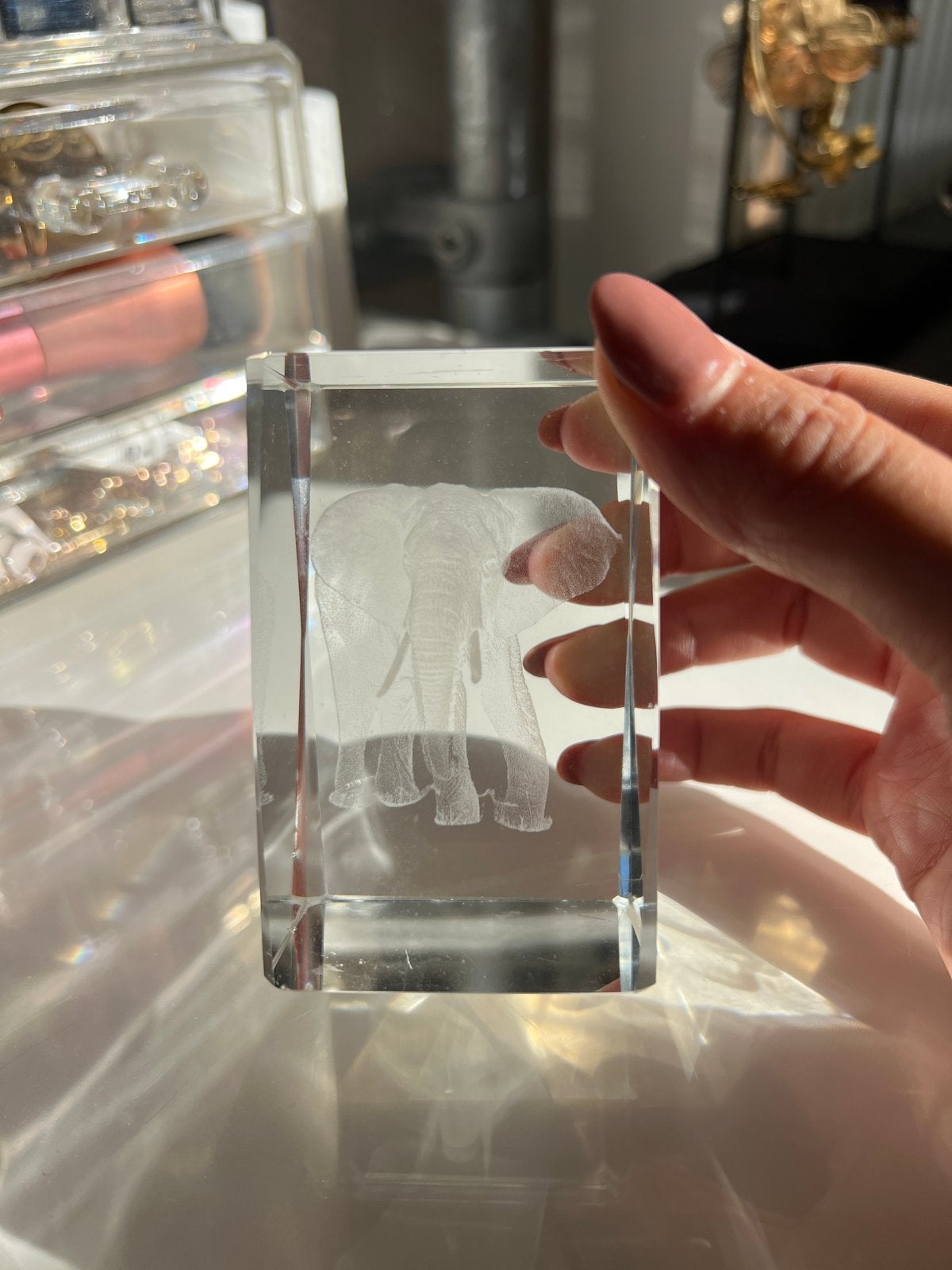 Glazen olifant decoratie 3D kristal blok, Huis en Inrichting, Meerkleurig, Ophalen of Verzenden, Zo goed als nieuw, Modern