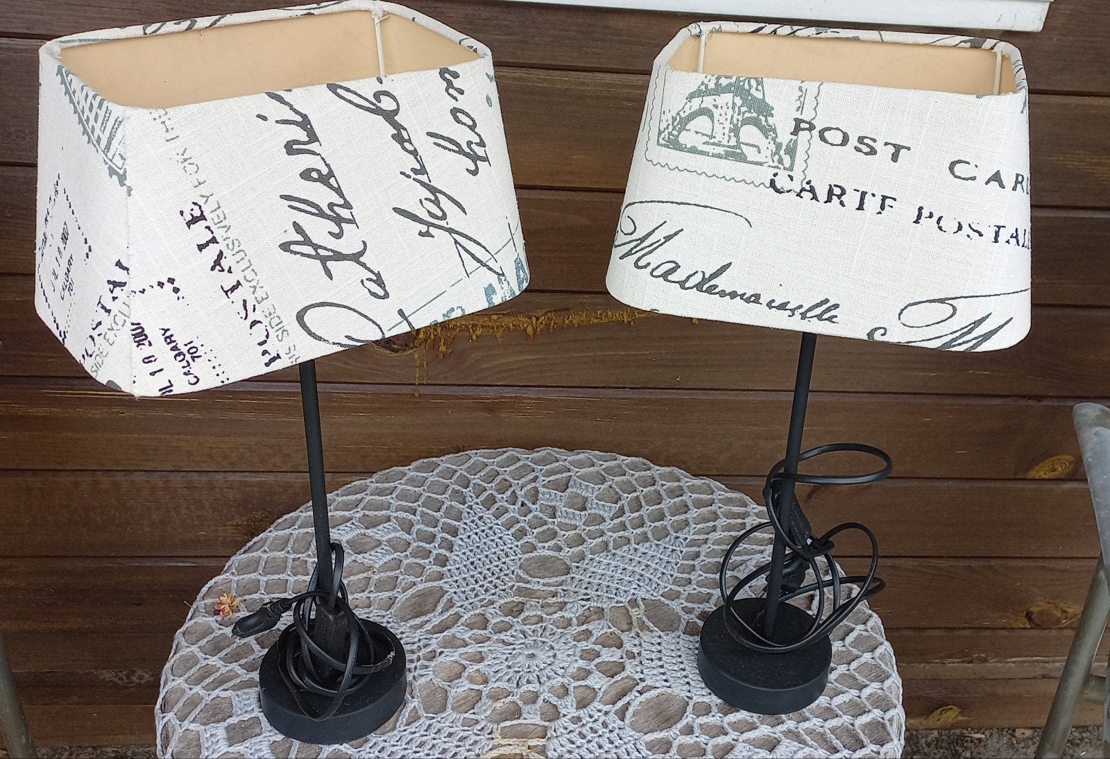 Set van 2 vintage tafellampen met postzegelprint, Gebruikt, Vintage, Meerkleurig, Met kap