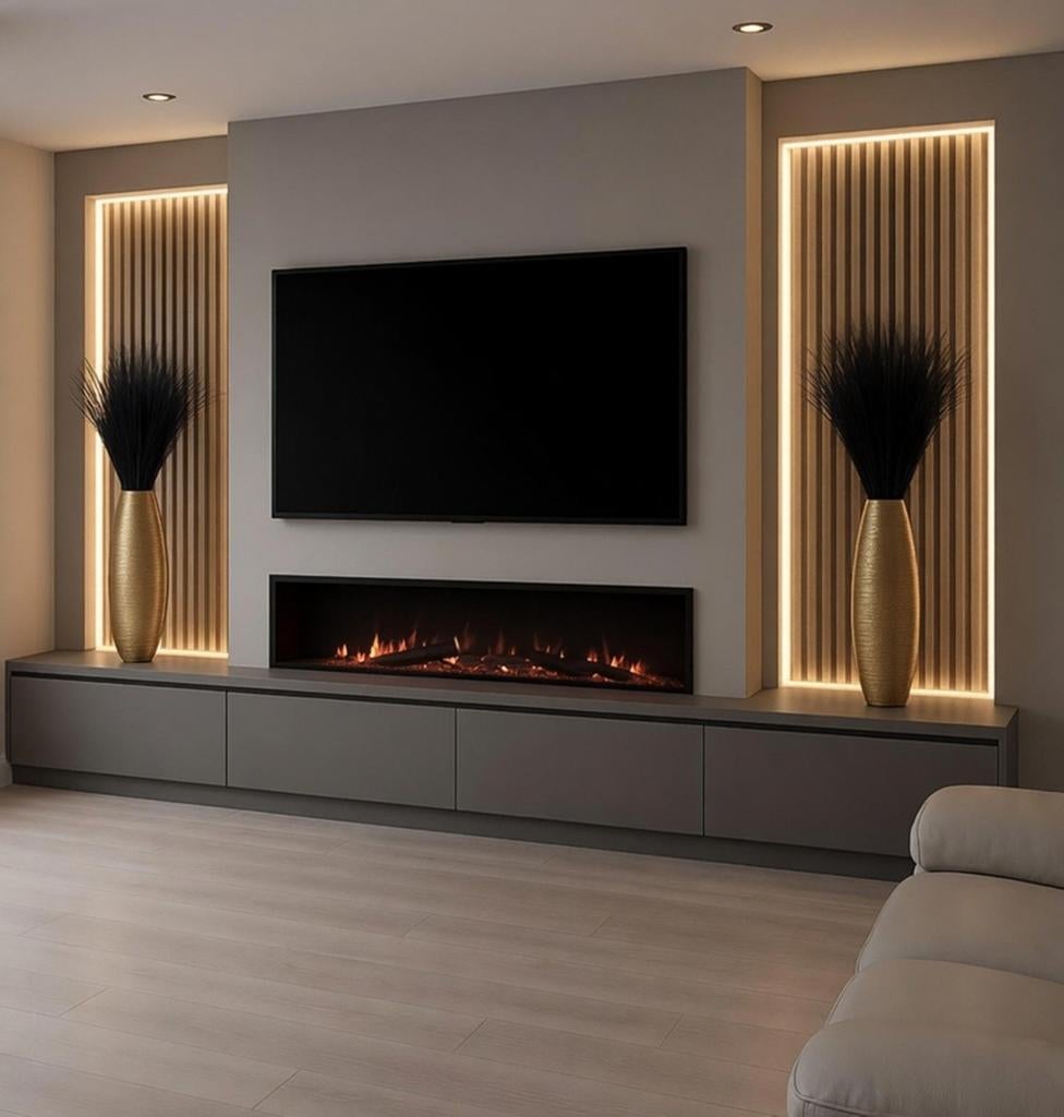 Moderne Cinewall met geïntegreerde sfeerhaard, Overige houtsoorten, 200 cm of meer, Ophalen of Verzenden, Zo goed als nieuw