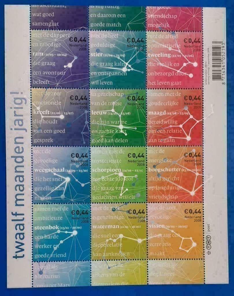 NVPH 2581-92 Twaalf maanden jarig, Sterrenbeelden - 2008, Verzenden, Na 1940, Postfris