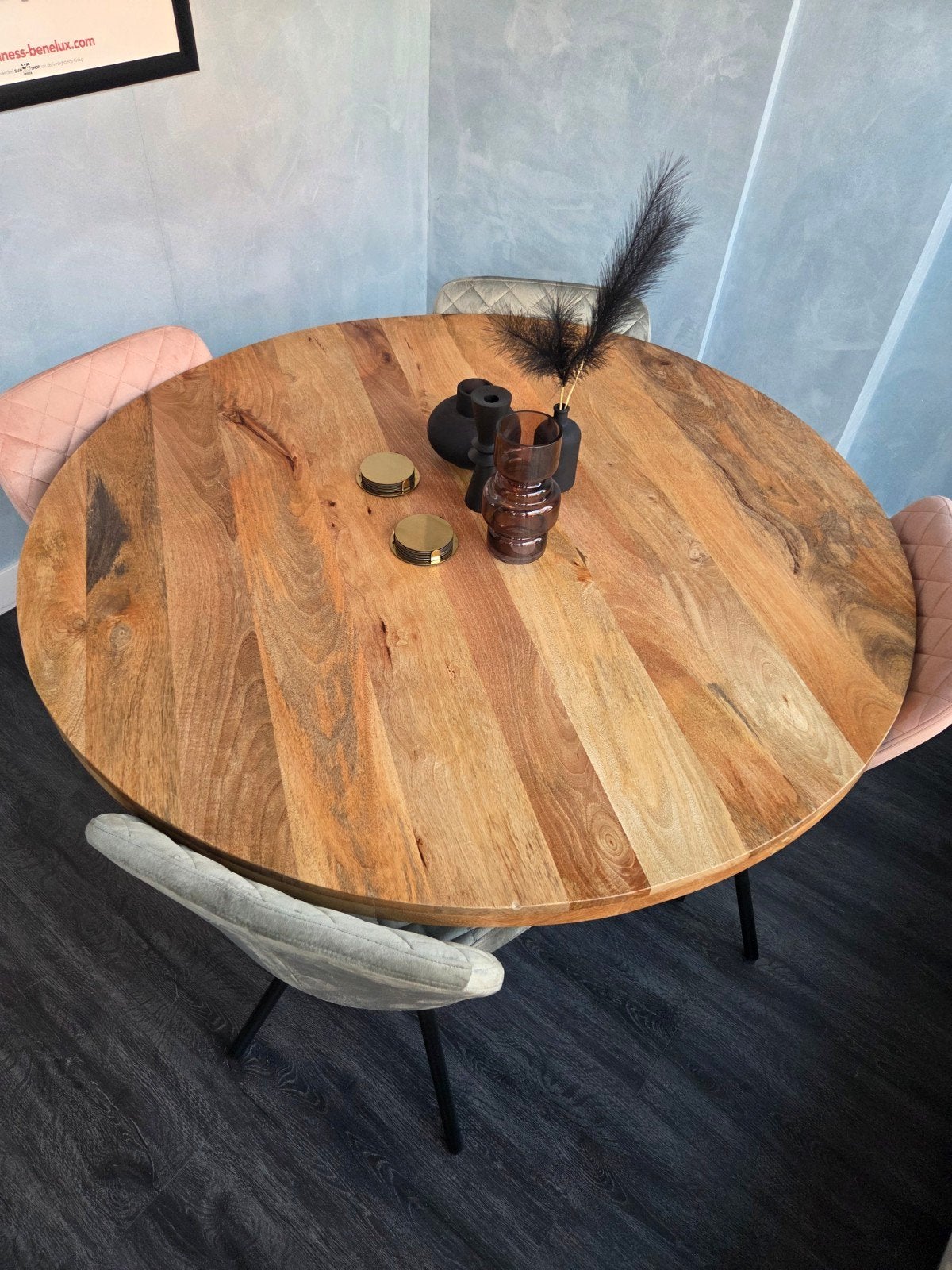 Ronde houten tafel 130 cm met metalen kruispoot, Gebruikt, Rond, Vier personen, Ophalen