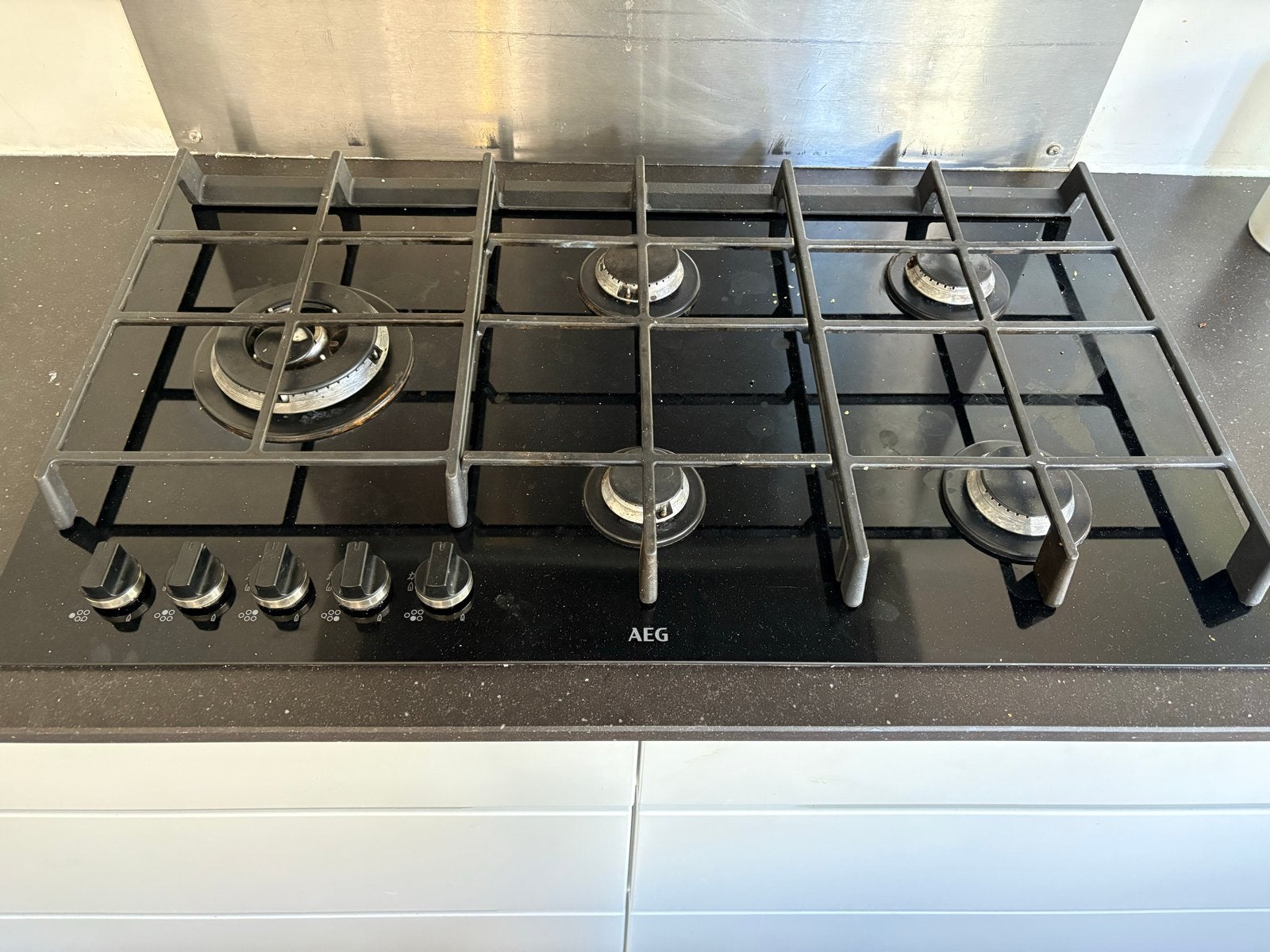 AEG Gasfornuis 5-pits - Zwart Glas - 90 cm, Ophalen, Gebruikt, Inbouw, Gas
