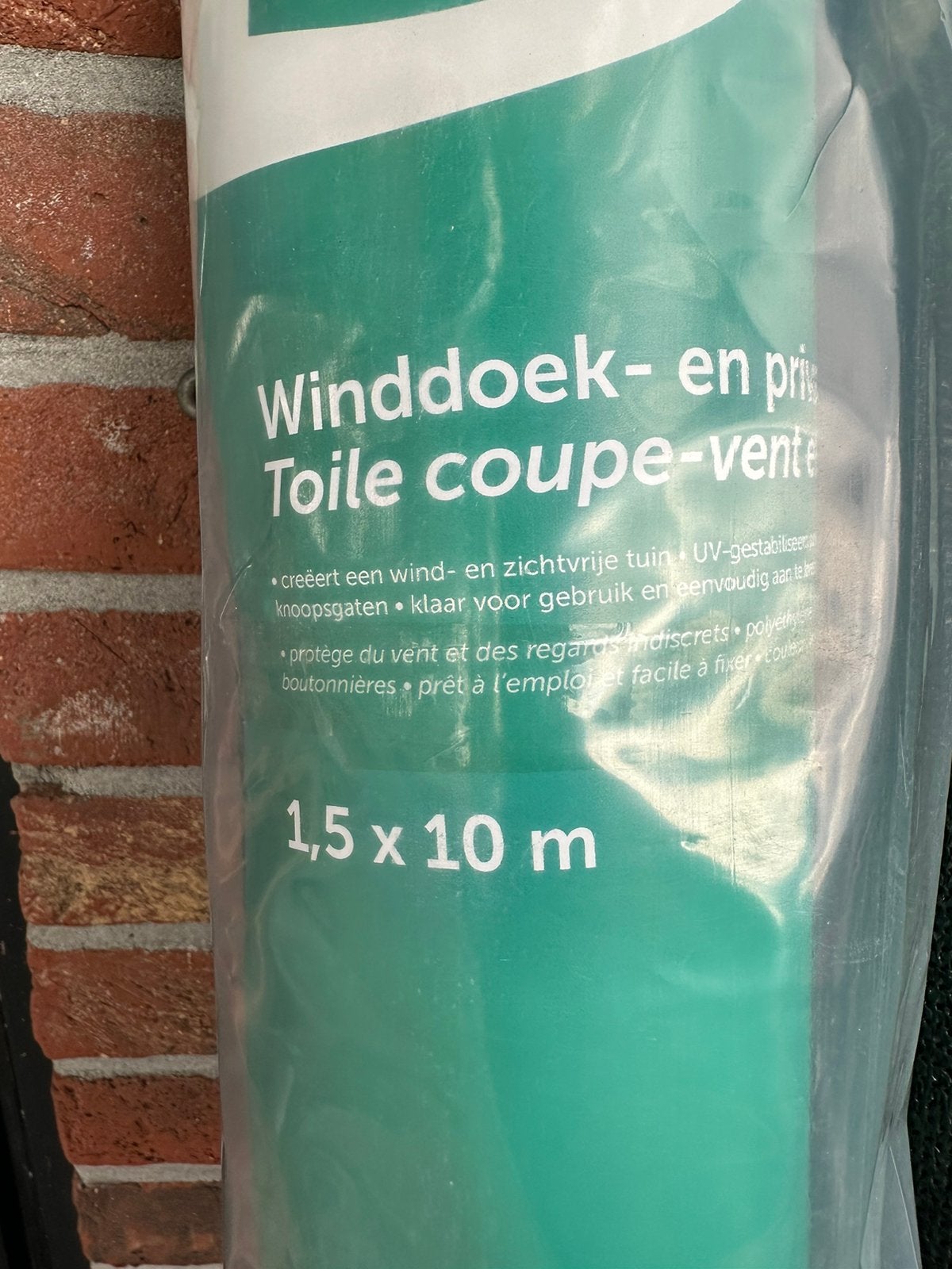 Twee rollen winddoek groen. 1.50 hoog, 10 m breed, Ophalen, Nieuw, 10 tot 20 meter, Gaas